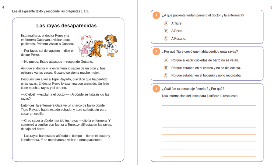 Páginas interiores del cuadernillo de comprensión de lectura